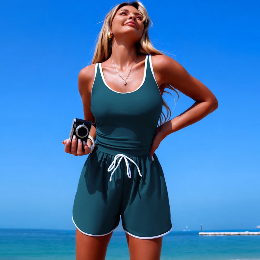 Bathing Suit for Women Tummy Control One Piece Swimsuit Color Block Sporty Surfing Suit Swimwear with Pockets Shorts
