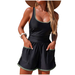 Bathing Suit for Women Tummy Control One Piece Swimsuit Color Block Sporty Surfing Suit Swimwear with Pockets Shorts