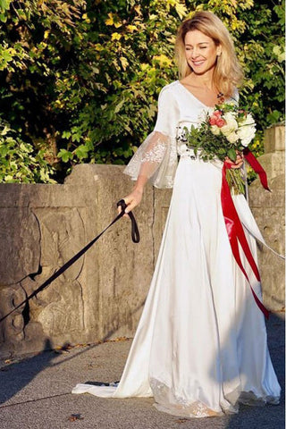 A-Line V-Neck V Back 3/4 Sleeves Satin Boho Wedding Dress with Lace OKS27