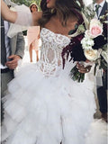 A-line Strapless Ruffles Beach Wedding Dress with Appliques Split OKS36