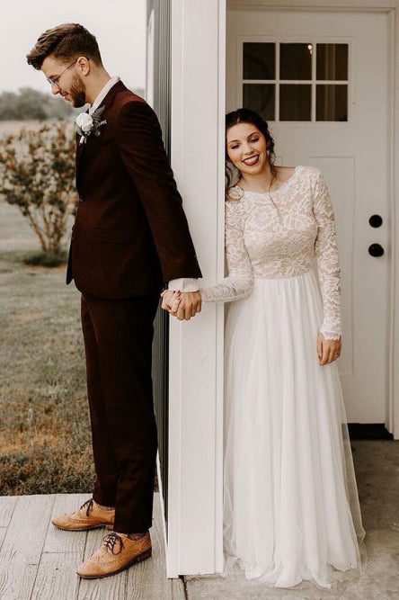 A-line Round Neck Long Sleeves Backless Boho Wedding Dress with Lace OKS31