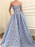Stunning A-line Sweetheart Light Blue Lace Prom Dress with Pockets Beading OKQ95