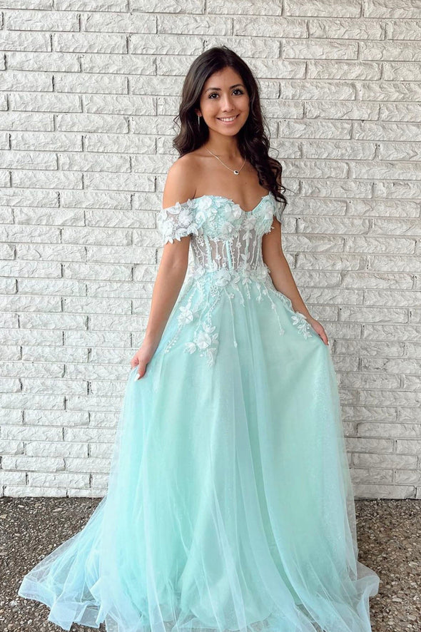 Mint Green Tulle Applique Long Prom Dress Off the Shoulder A line Evening Dress OK1275