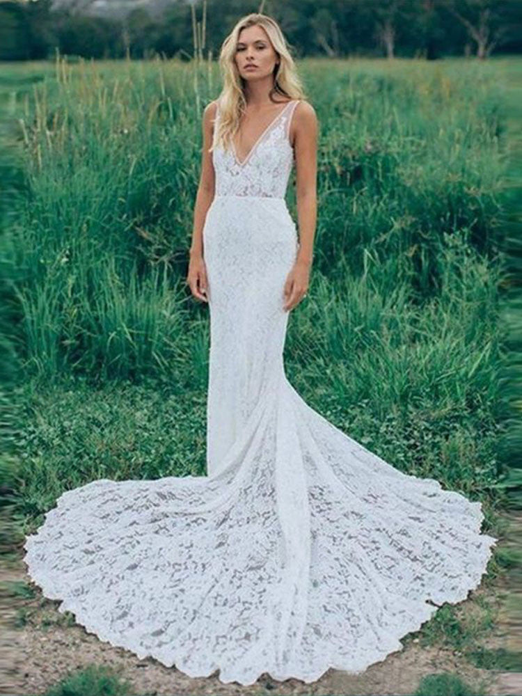 Mermaid V Neck Backless White Lace Long Wedding Dress Beach Boho Bridal Dress OKF76