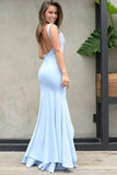 Mermaid V Neck Straps Backless Light Blue Satin Prom Dresses with Split OKE85