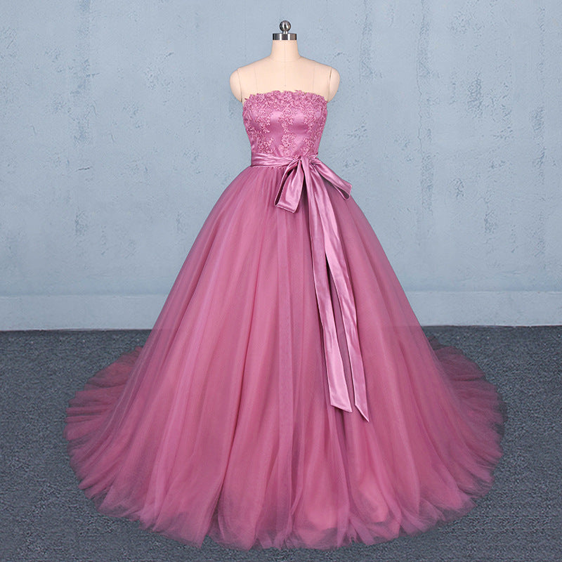 Strapless A Line Tulle Lace Appliques Prom Dress, Long Formal Dress OKQ22