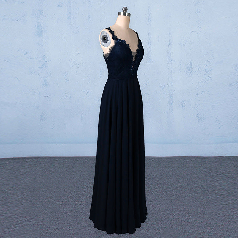 Navy Blue Chiffon V Neck A Line Long Prom Dress With Lace Top OKQ21
