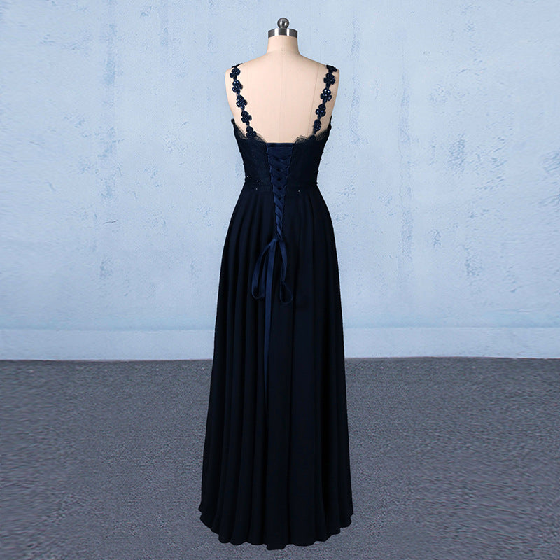 Navy Blue Chiffon V Neck A Line Long Prom Dress With Lace Top OKQ21