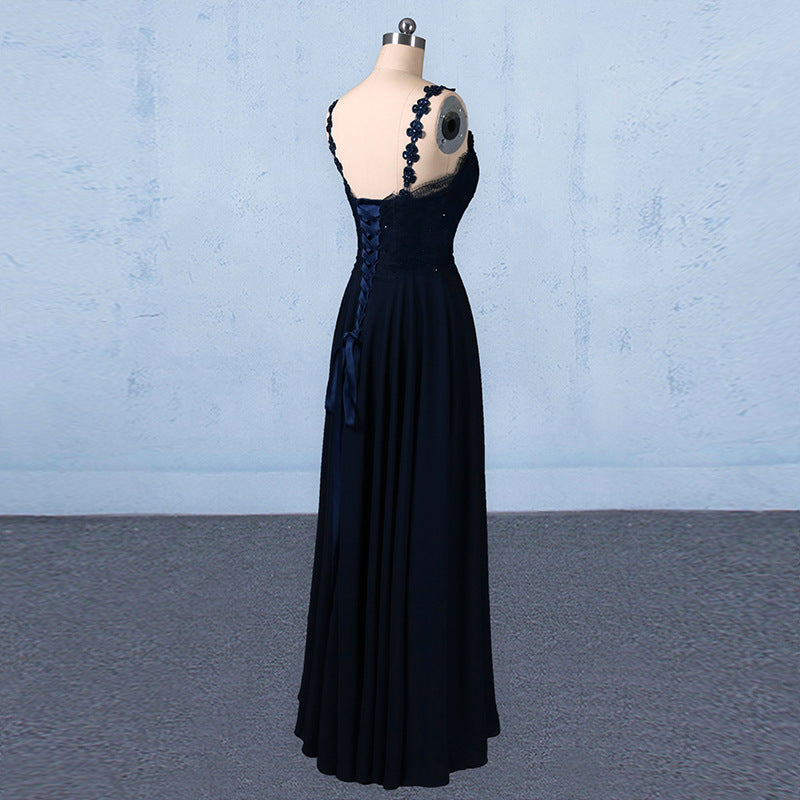 Navy Blue Chiffon V Neck A Line Long Prom Dress With Lace Top OKQ21