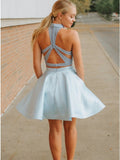 2 Piece High Neck Pockets Satin Short Light Blue Beaded Homecoming Dress OKD31