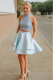 2 Piece High Neck Pockets Satin Short Light Blue Beaded Homecoming Dress OKD31