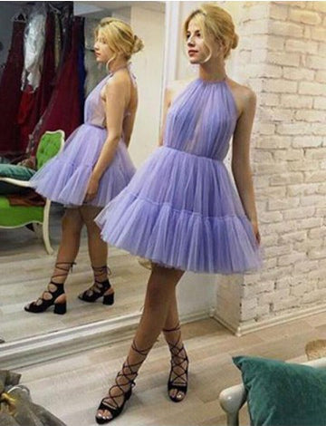 Halter Lavender A Line Tulle Short Unique Homecoming Dresses OKD84