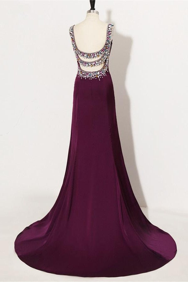 Sweep Train Plum Beaded Long Front Split Mermaid Prom Dress For Teens K740