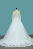 A Line 3/4 Sleeves Tulle Scoop Wedding Dress With Applique OKE73