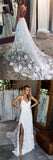 Charming Lace Long A-line Spaghetti Straps Split Ivory Beach Wedding Dresses OK739