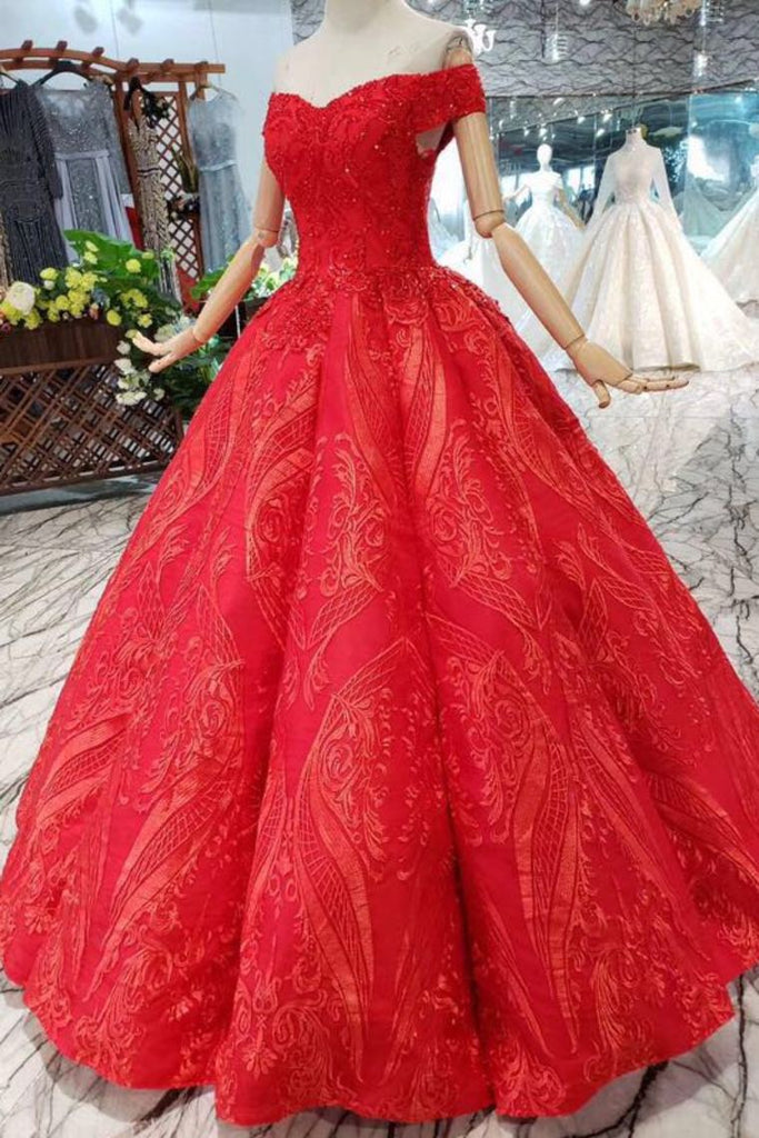 Red Quinceanera Dress Off The Shoulder Lace Up Back Appliques Beads OKK14