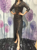 3/4 Sleeves V Neck Sheath Sequins Slit Prom Dress XU90820
