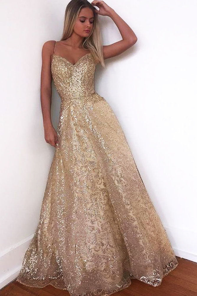 Glitter Gorgeous A-line Sweetheart Cross Back Gold Sequins Long Prom Dress OKT63