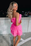 Hot Pink Strapless Tiered Short Homecoming Dresses, Cute A Line Sweet 16 Dress OK1439