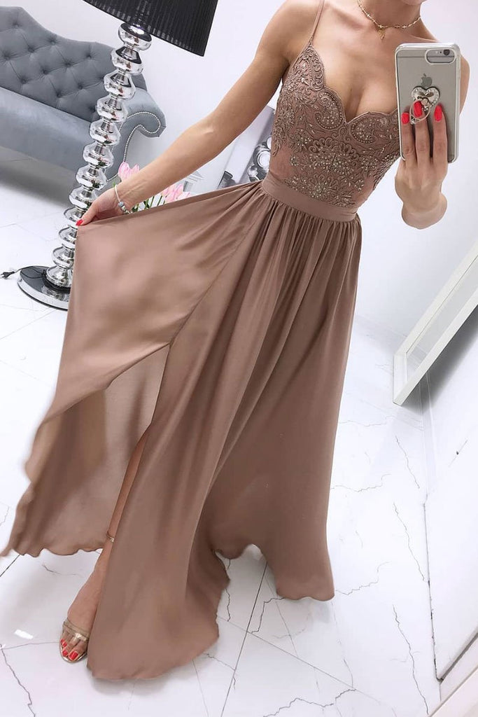 Chiffon A-line Spaghetti Straps Appliques Long Prom Dress With Slit OKS68