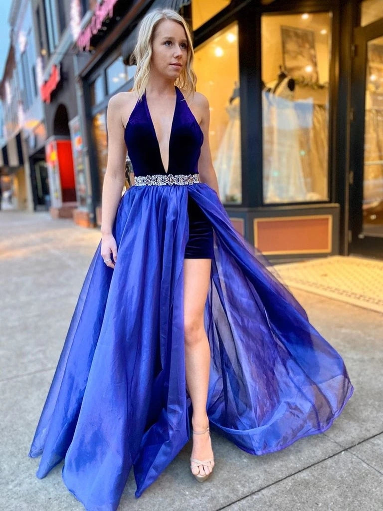 V Neck Backless Royal Blue Halter Prom Dress Long Beaded Formal Evening Dress OKT59