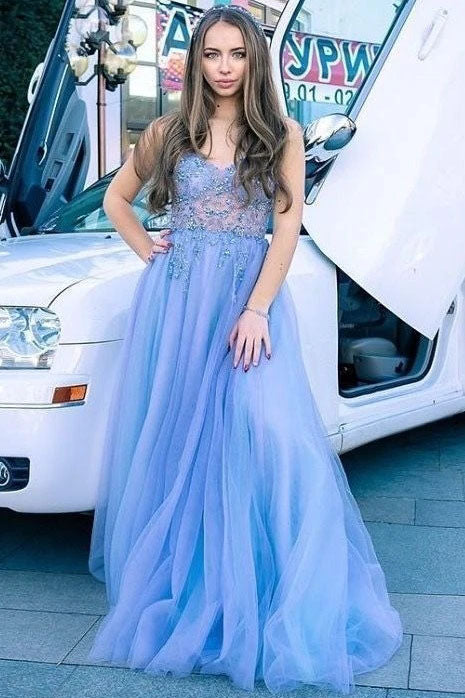 A-line Spaghetti Straps Sky Blue Tulle Long Prom Dress With Appliques OKT82