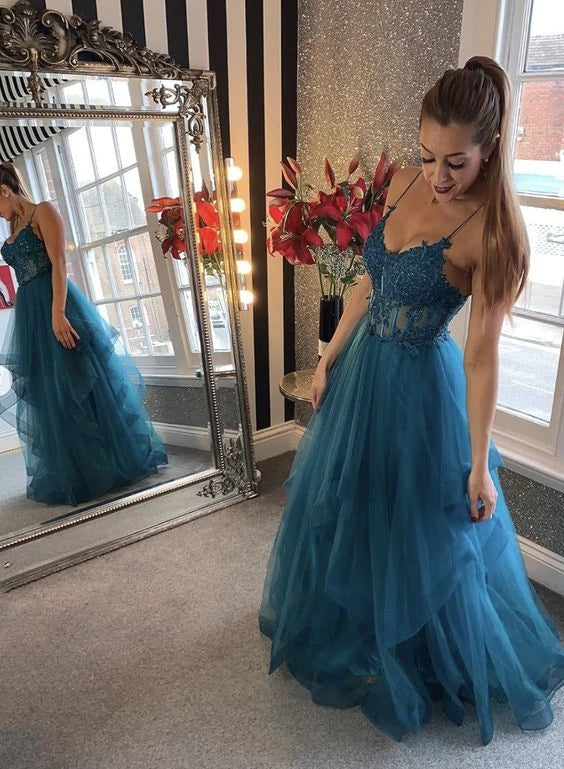 A Line Blue Tulle Lace Appliques Long Prom Dress Formal Evening Dress OK1353