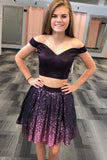 2 Piece Off the Shoulder Grape Sequined Short Homecoming Dress OKD91