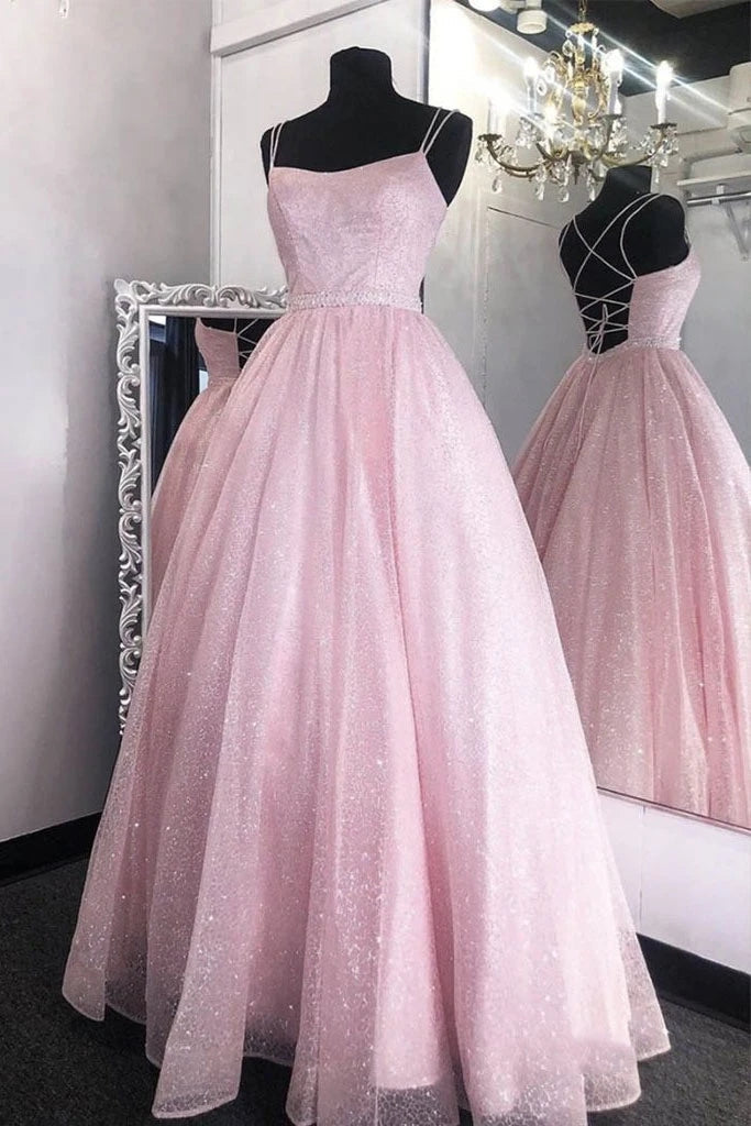 Pink Tulle Sequin Long Cross Back Prom Dress Evening Dress OKT72