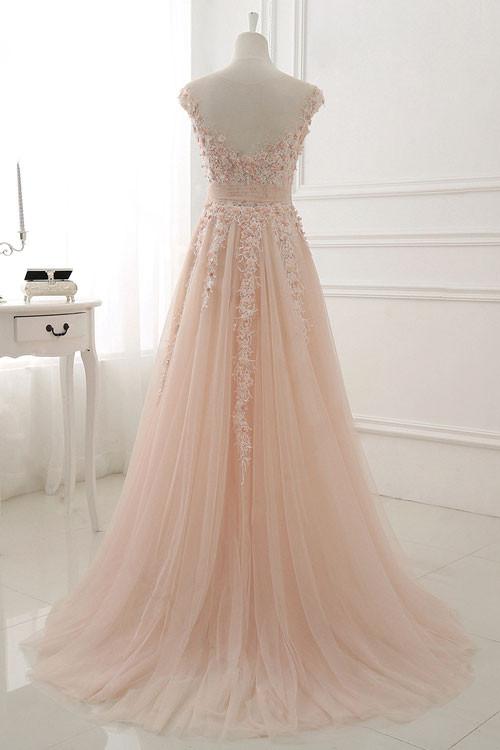 Round Neck Lace Appliques Prom Dresses,Tulle A Line Evening Dresses OK427