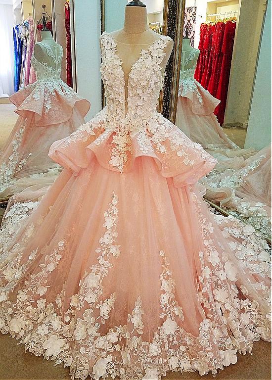 Tulle Lace Scoop Neckline Ball Gown Wedding Dress With Lace Appliques,Quinceanera Dress OK619
