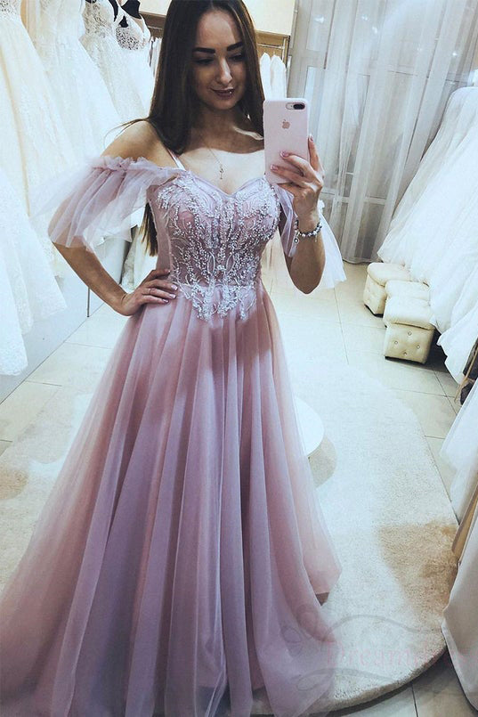 A-Line Lulle Pink Long Prom Dress Lace Appliques Formal Evening Dress OK1229