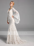 A-line Lace Long Sleeves Wedding Dresses V Neck Bridal Gowns OKV16