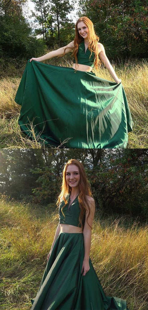 Green Two Pieces A Line Simple Long V Neck Prom Dress OK966