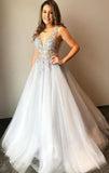 V-neck Beaded Tulle A Line Gray Long Prom Dress  Formal Party Dress OK1102