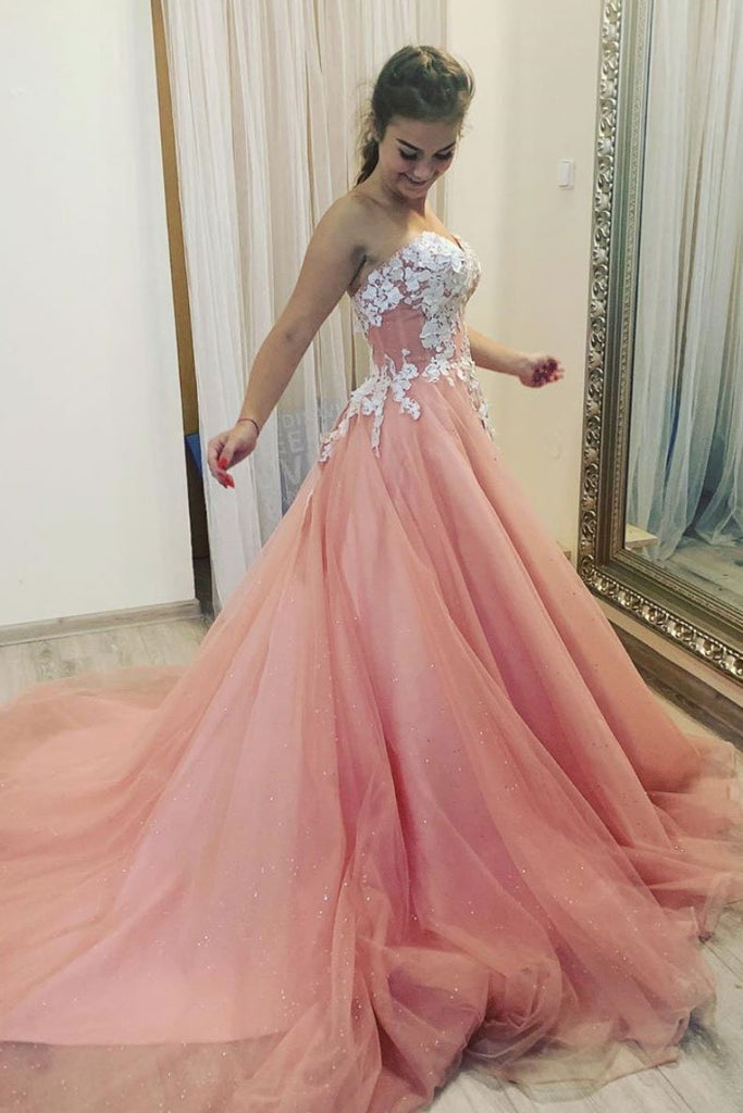 A Line Sweetheart Tulle Appliques Prom Dress, Long Formal Dress OKQ4