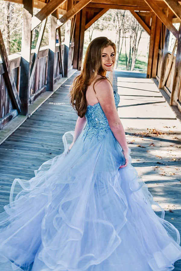Charming Strapless Blue Ruffles Long Prom Dresses with Appliques OKL9