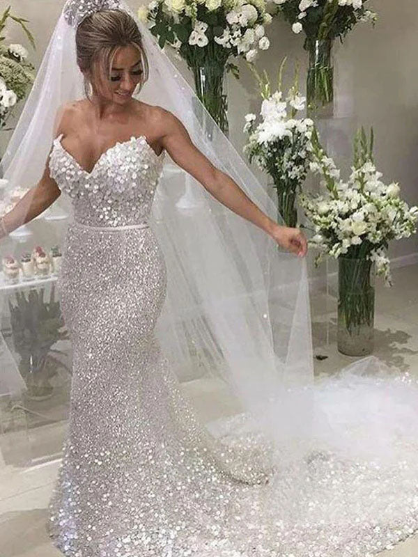 Sexy Mermaid Sweetheart Silver Full Sequins Long Wedding Dress Bridal Dress OK1512
