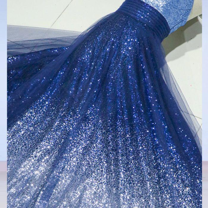A-line Spaghetti Strap Sleeveless Royal Blue Tulle Sequins Modest Long Prom Dresses OK616