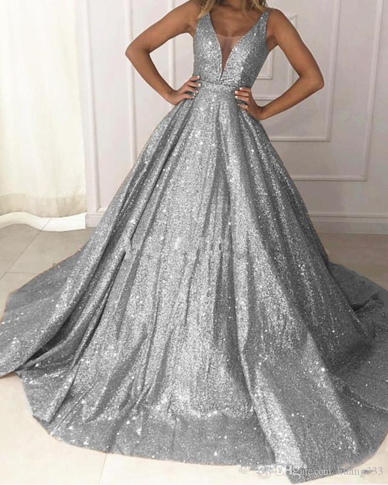 Chic Long Ball Gown V-neck Sequin Shiny Party Prom Dress Pretty Dress OD915