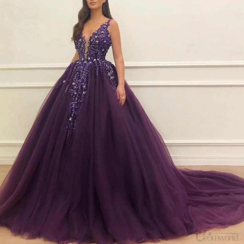 Deep Purple Sleeveless Crystals Beaded V Neck Ball Gown Prom Dress OKV55