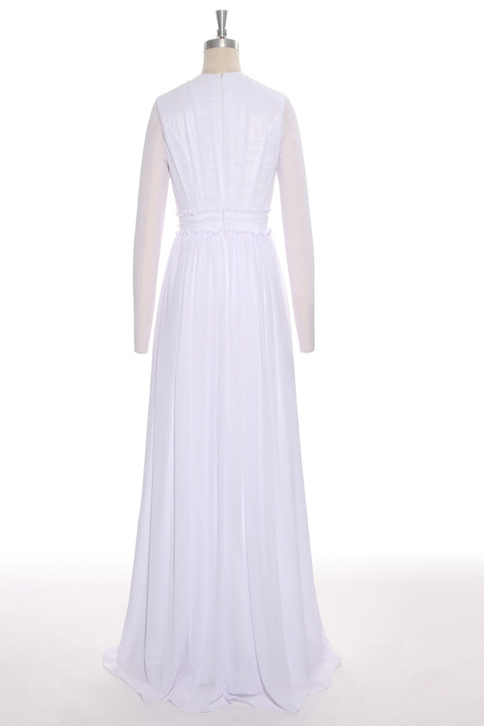 White Chiffon Deep V-neck Long Wedding Dresses ED0674