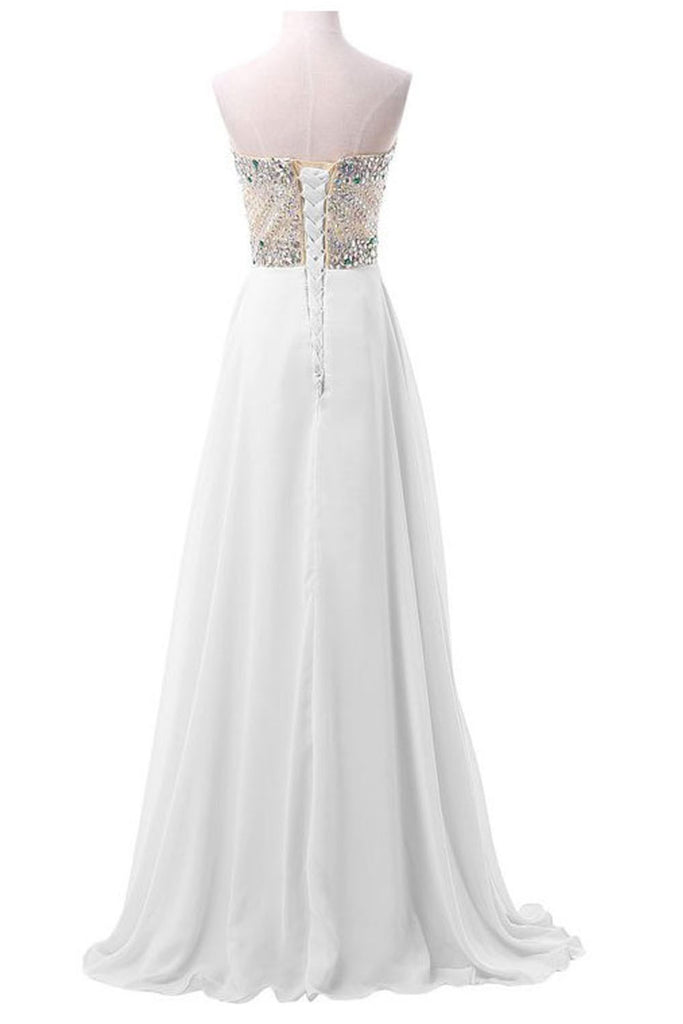White Chiffon Sweetheart Beaded Long Prom Evening Dresses