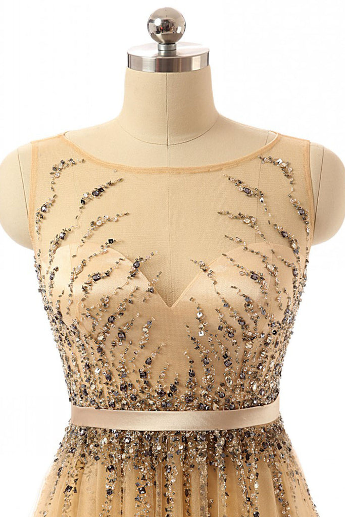 Beaded Gold Long Cap Sleeves Modest Prom Dresses ED0855