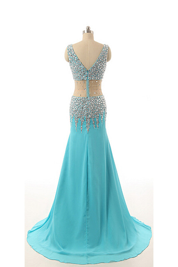 V-neck Light Sky Blue Beaded Long Prom Evening Dress K14