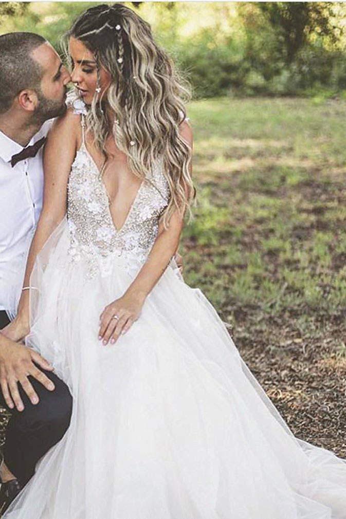 Floral Open Back Deep V-neck Straps Tulle Appliques Prom Dresses Wedding Dress OK180