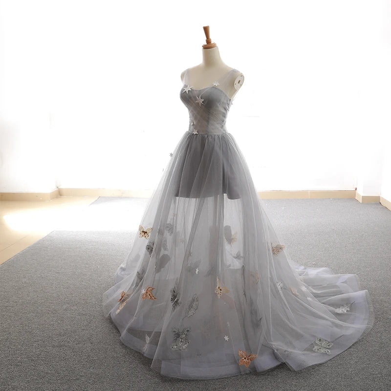 Grey Sweet Star Maxi Tulle A-line Lace Up Prom Dress OKU58