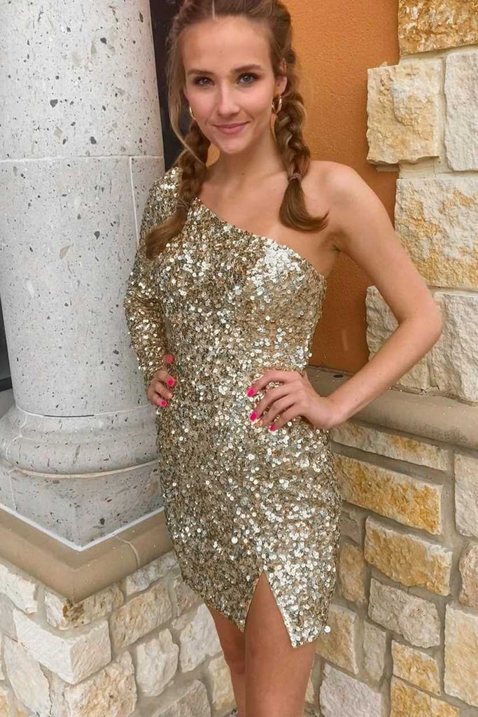 One Sleeve Hot Pink Sequined Short School Party Dress Homecoming Dress OK1456
