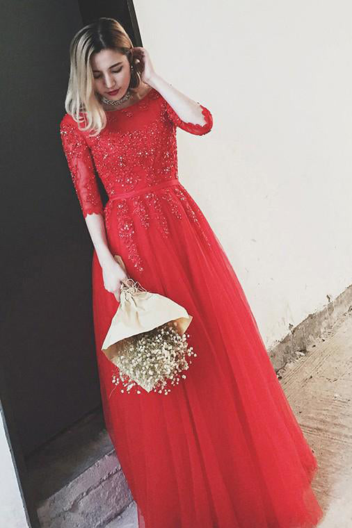 Red Bateau Floor-length Appliques Half Sleeves Long Prom Dress Evening Dress OKS49