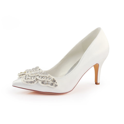 Ivory High Heels Wedding Shoes with Rhinestones, Cheap Satin Wedding Party Shoes L-940